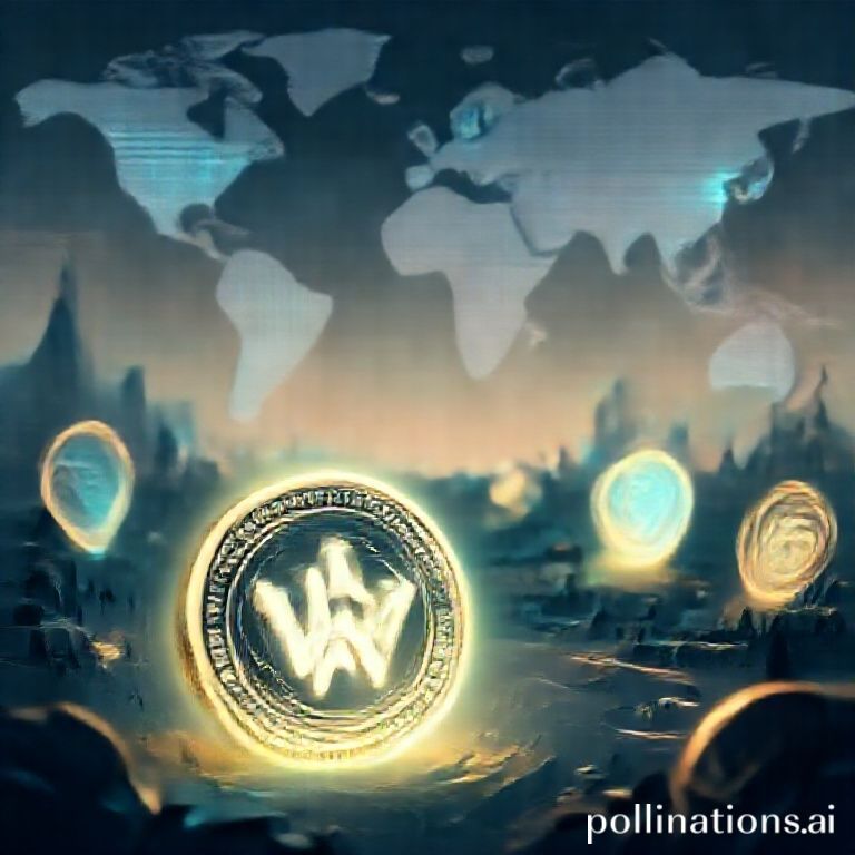Ilustrasi digital menampilkan koin WAR yang bersinar di tengah latar belakang abstrak konflik global dan elemen kriptografi, melambangkan volatilitas pasar.