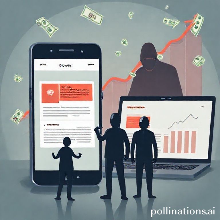 Digital illustration showing authorized push payment (APP) fraud impacts in the UK, with rising financial losses depicted on a graph and a person falling victim to an online scam.