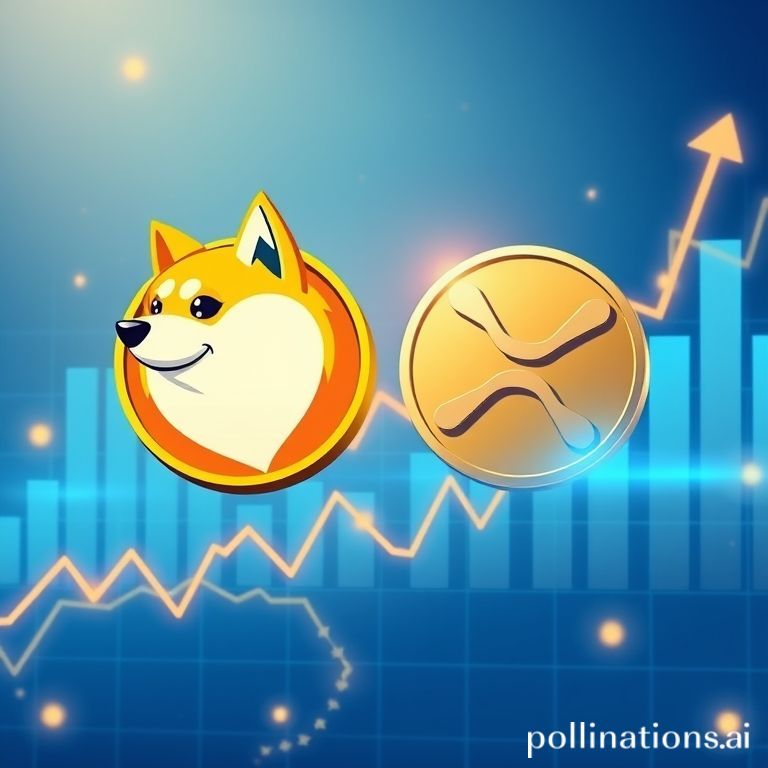 Digital artwork depicting Dogecoin and XRP symbols intertwining with an ascending financial graph, representing potential ETF growth.