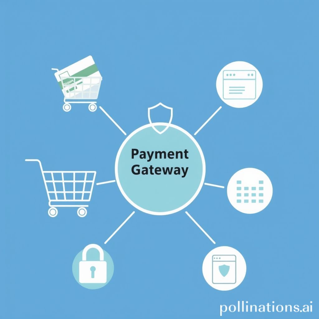A stylized illustration depicting a secure online payment flow. It features a shopping cart, a credit card, various payment method icons (e-wallet, bank transfer), and a central 