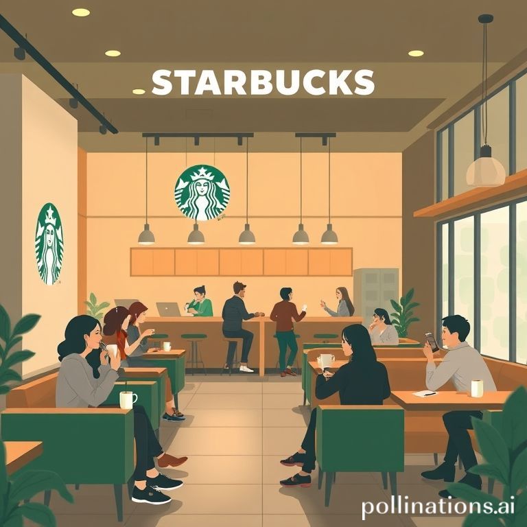 An artistic rendering of a cozy Starbucks interior, showing customers enjoying coffee amidst modern decor, emphasizing comfort and digital convenience.