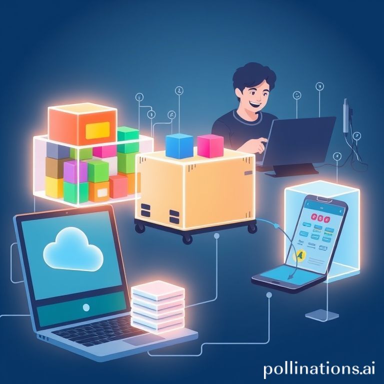 A stylized illustration of various software components (represented by colorful blocks or icons) being neatly packed into transparent, glowing shipping containers. These containers are moving seamlessly across different digital environments, like a laptop screen, a cloud server icon, and a smartphone, symbolizing portability and consistency. In the background, there's a silhouette of a cheerful developer interacting with a computer, with subtle futuristic tech lines and nodes connecting everything. The overall vibe should be modern, efficient, and slightly futuristic.