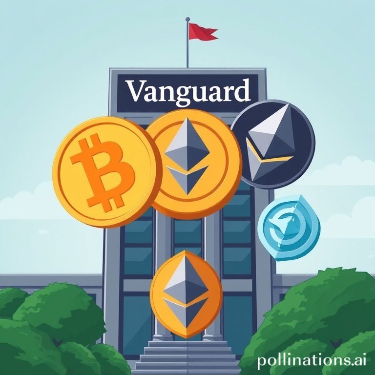 Digital artwork depicting Vanguard's headquarters embracing cryptocurrency symbols, with three innovative altcoins emerging.