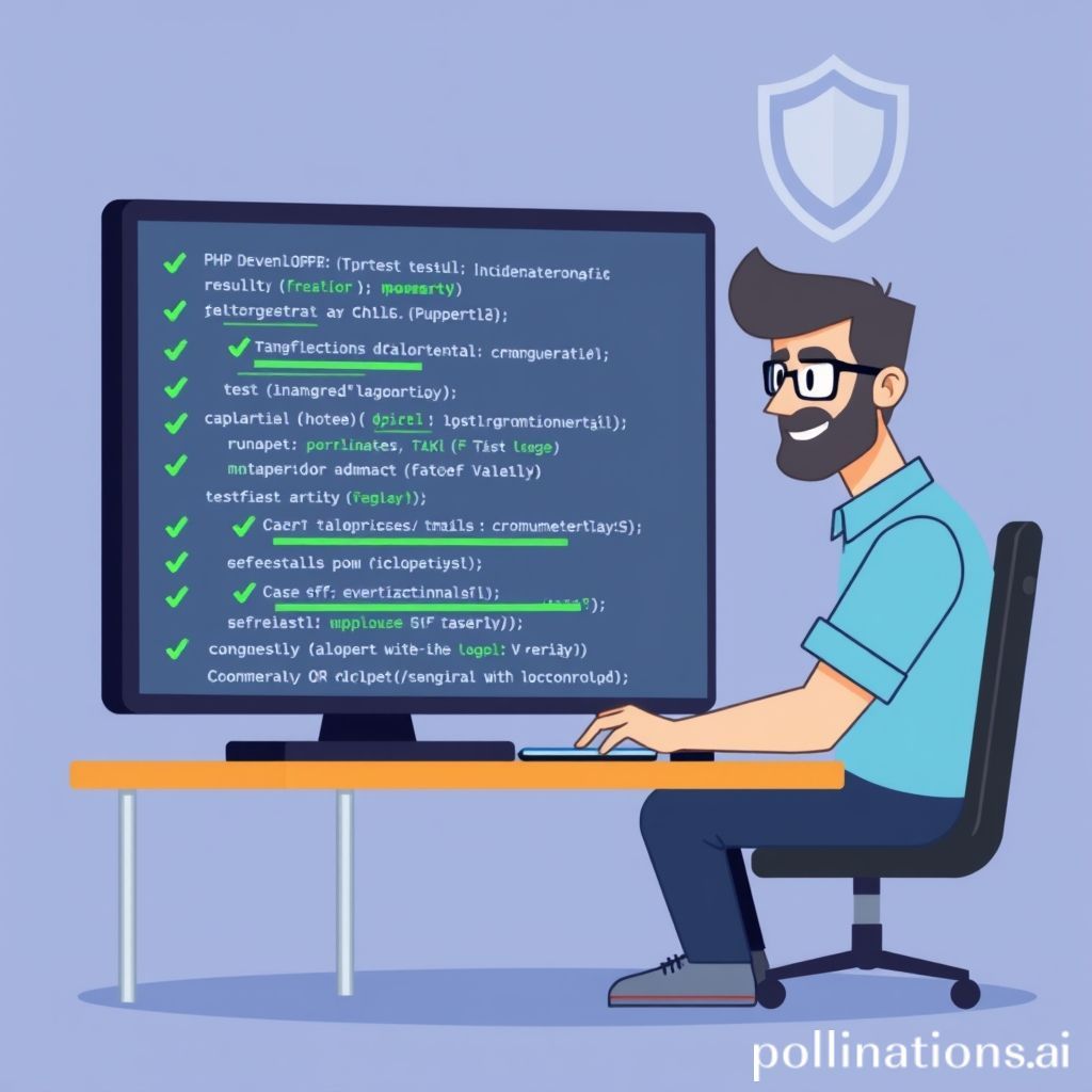A stylized illustration showing a PHP developer at a desk, with lines of code on a screen that highlight successful test results (green checkmarks). In the background, there's a subtle PHP elephant logo and a shield icon, symbolizing code quality and protection. The overall mood is confident and efficient.