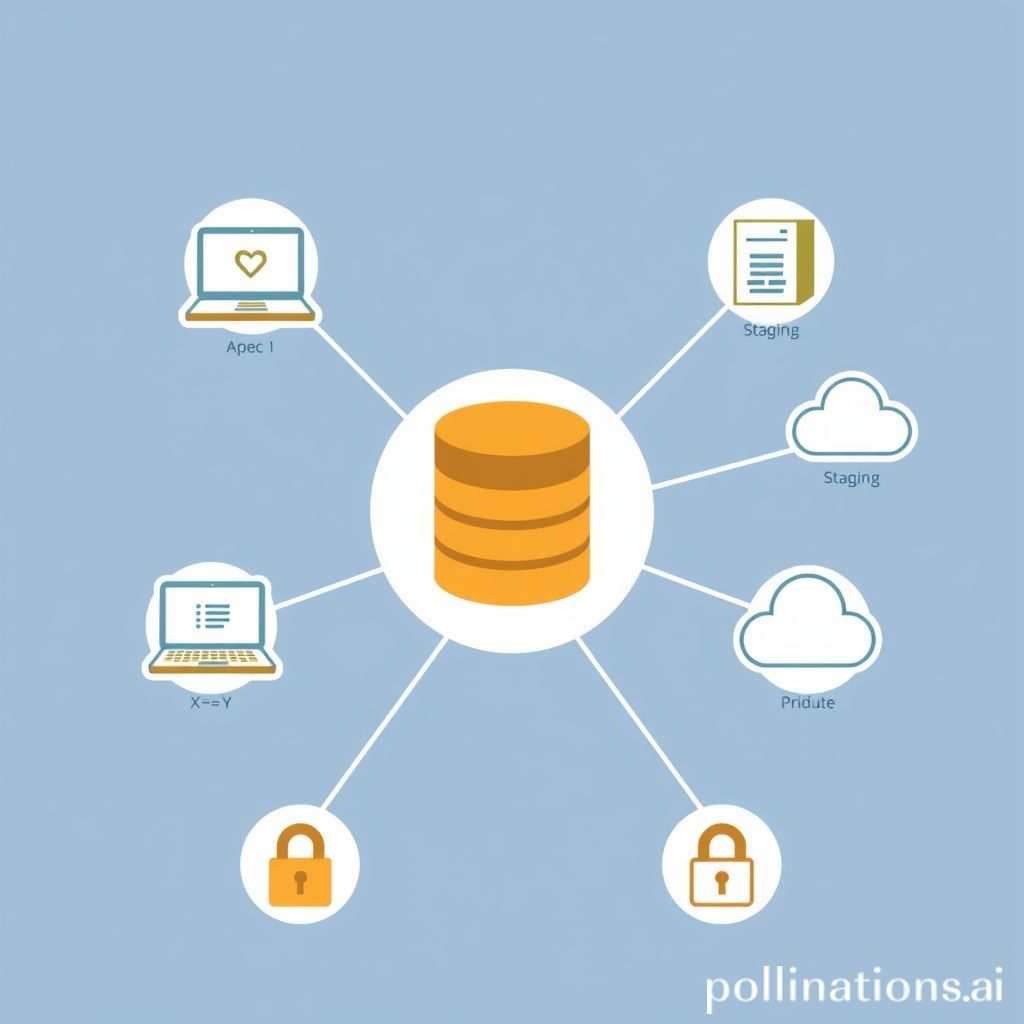 A stylized illustration showing a database icon in the center, with various connection lines radiating outwards. Each line connects to a small icon representing different environments (e.g., a laptop for development, a server rack for staging, a cloud for production). Along each connection line, there's a key or lock icon symbolizing security and a variable symbol (like 