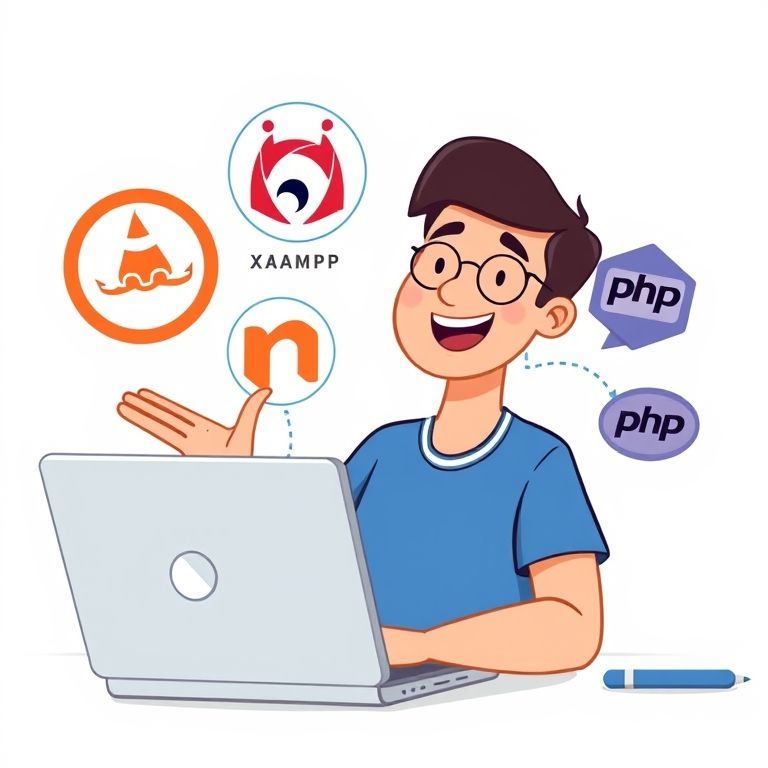 A stylized illustration showing a developer happily working on a laptop, with floating icons representing a local server environment: XAMPP logo, Laragon logo, an Apache web server icon, a MySQL database icon, and the PHP logo. The background is clean and modern, suggesting a productive coding setup. The overall mood is enthusiastic and educational.