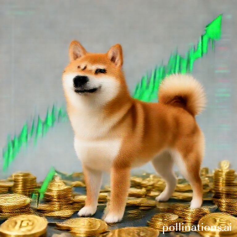 A vibrant illustration of Dogecoin's potential bull run, with the Shiba Inu mascot poised atop a strong upward trend on a crypto market chart.