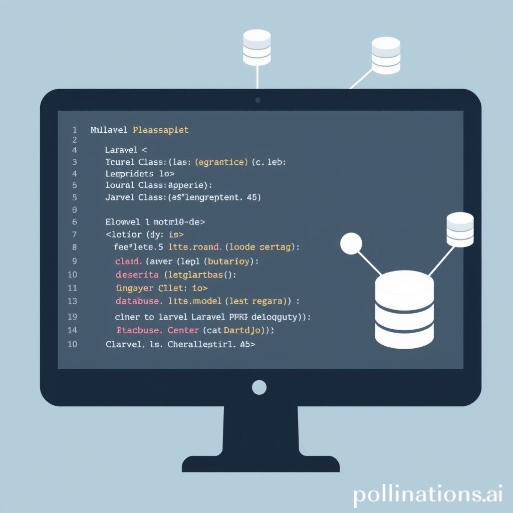 A stylized image depicting a computer screen showing clean Laravel PHP code snippets, specifically illustrating a Model class and Eloquent ORM queries. Abstract database icons (cylinders) are subtly integrated into the background, connected by lines to represent data flow and relationships. The overall design should be modern, tech-oriented, with a focus on code readability and database interaction efficiency. A subtle Laravel logo could be present.