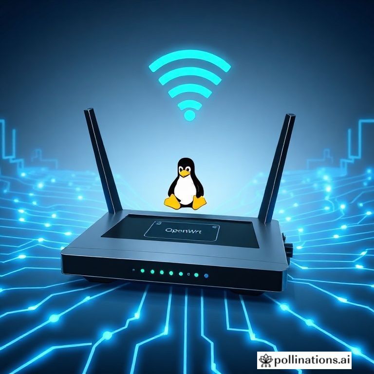 A stylized, modern Wi-Fi router with glowing blue network lines and data packets flowing around it, suggesting intelligence and advanced capabilities. The router itself looks sleek and efficient, perhaps with a subtle Linux penguin or an OpenWrt logo integrated into the design. The background is a clean, futuristic network schematic, emphasizing customization and control.