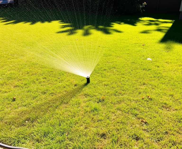 A sun-scorched lawn with a sprinkler watering the grass.