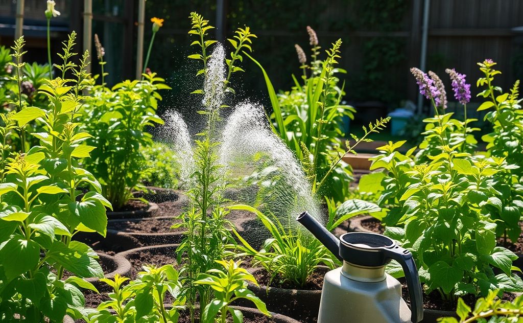 A sun-soaked garden with thriving plants and watering tools.