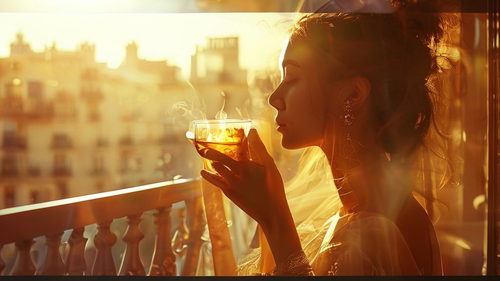 A sunlit Barcelona balcony. Soft, golden light bathes a woman sipping herbal tea. A translucent, ethereal aura surrounds her, reflecting inner peace amidst subtle anxieties. Mystic style, 4k.