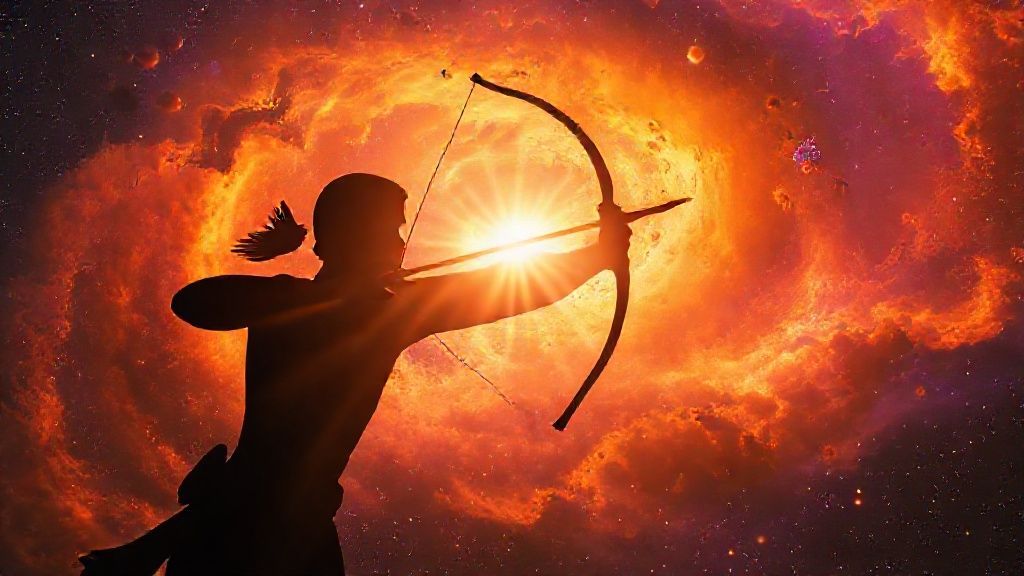 A sunlit Sagittarius archer silhouette, arrows of gold piercing a swirling nebula of vibrant orange and purple. Cosmic dust motes dance, reflecting abundant light.