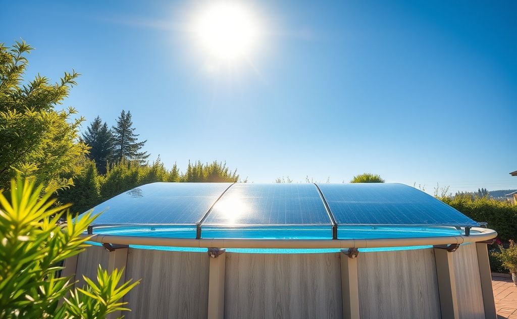 A sunlit above ground pool with a solar cover and heating system.
