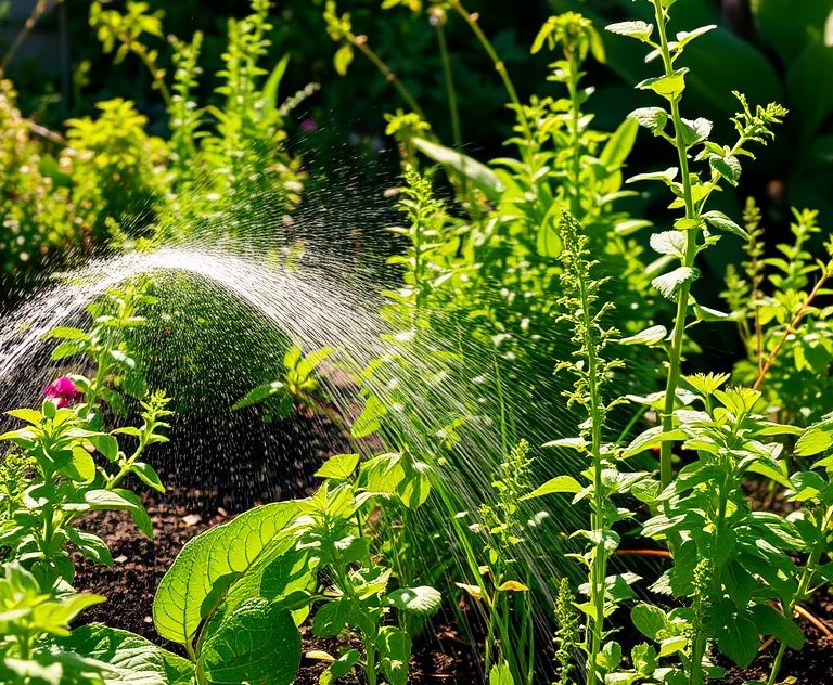 A sunlit garden with plants being watered in the summer.