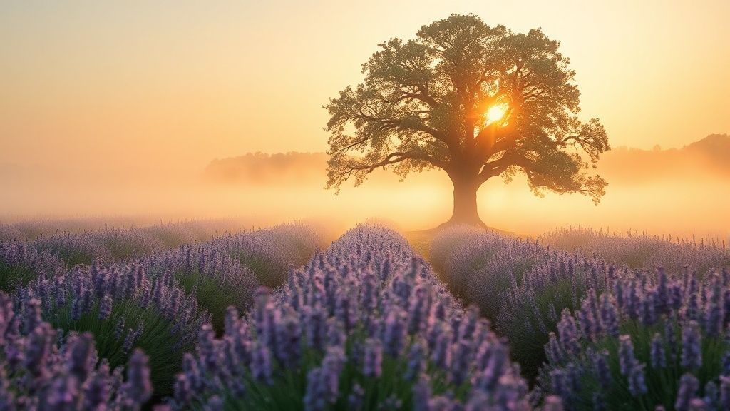 A sunlit lavender field, mist receding. A single, sturdy oak tree stands bathed in golden light. Slow-motion petals drift, whispering secrets of patience and integration.