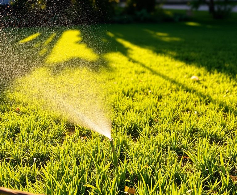 A sunlit lawn being watered in the morning heat.