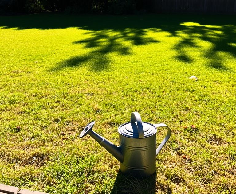 A sunlit lawn with dry grass and a watering can in the foreground.