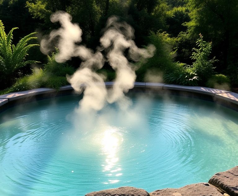 A sunlit pool surrounded by greenery with steam rising in the morning.