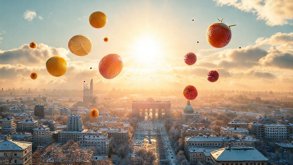 A sunlit portal opens above a snow-covered Berlin cityscape. Golden light spills, illuminating floating citrus fruits and vibrant berries, morphing into swirling Vitamin D clouds.