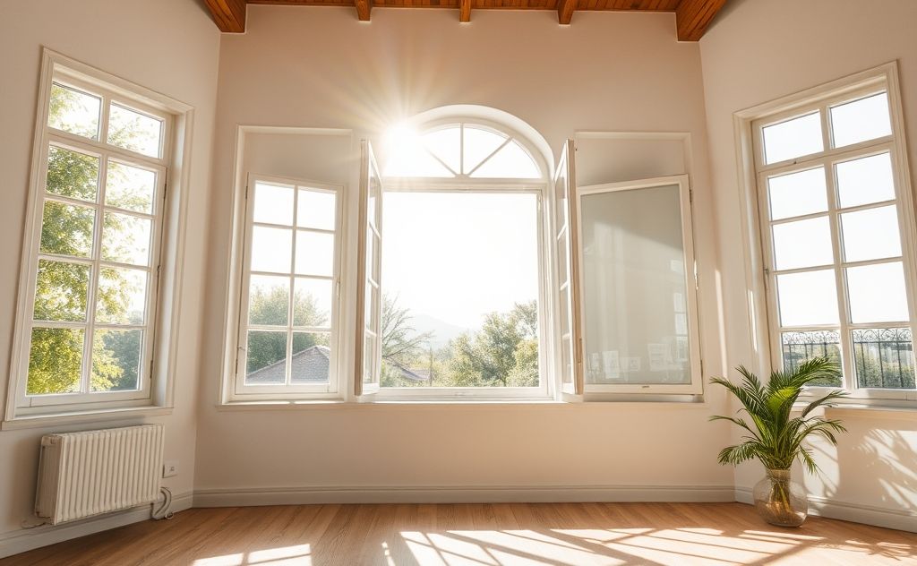A sunlit room with open windows and fresh air flowing in.