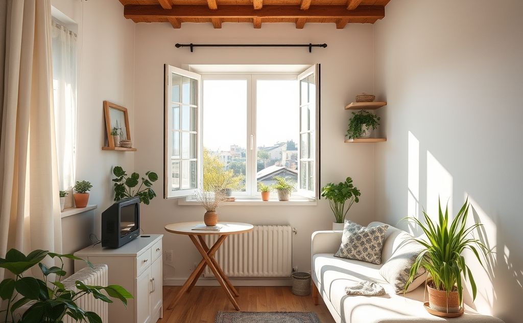 A sunlit small apartment with open windows and fresh air flowing in.