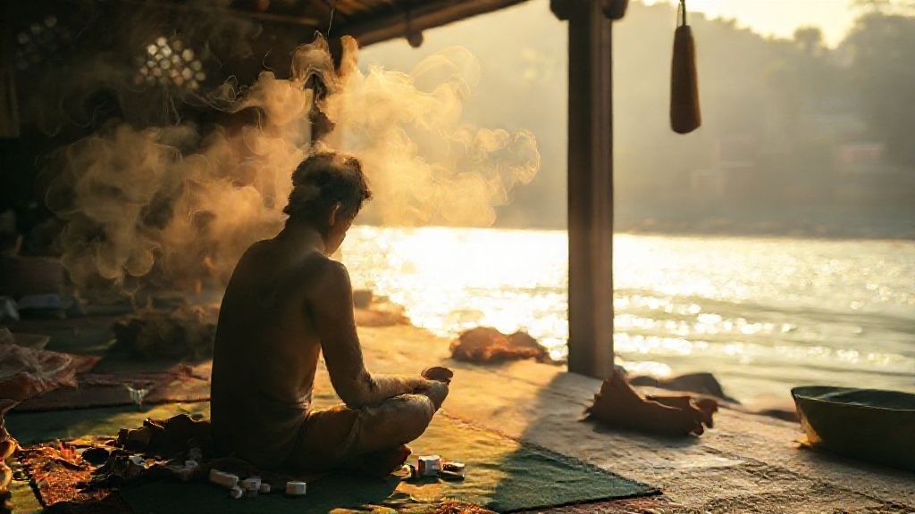 A sunlit yoga shala in Rishikesh. Incense smoke swirls around a weary soul, a prescription discarded nearby. Glowing Ganges river, soft focus, emerald and gold hues.