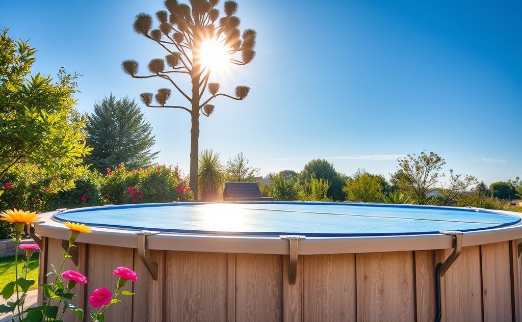 A sunny above ground pool with a solar cover and heating system.
