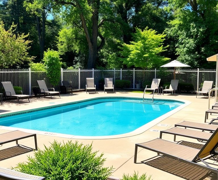 A sunny backyard with a heated pool surrounded by lounge chairs.