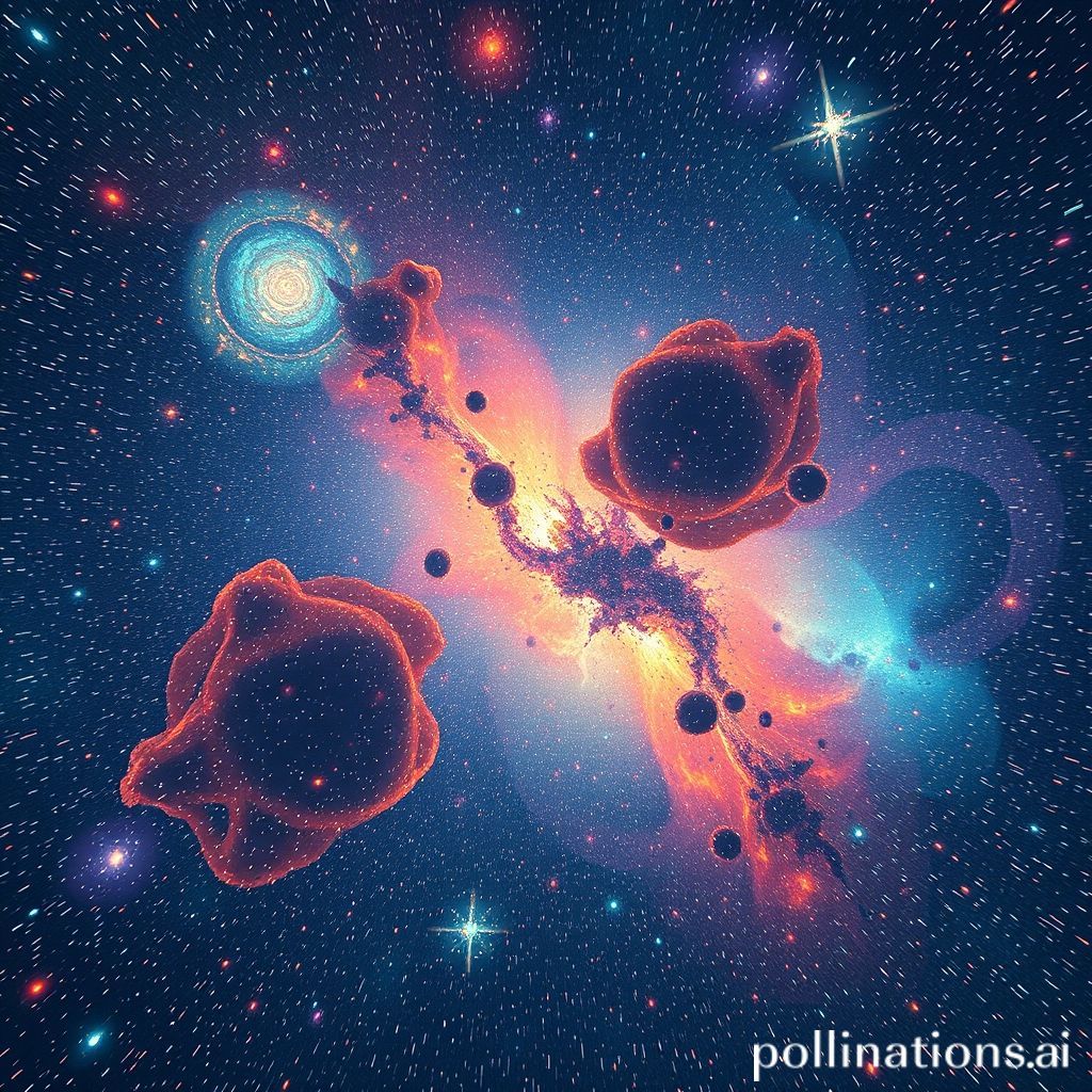 A surreal, cosmic landscape where stars and nebulae are represented as glitching code or abstract digital art, evoking a sense of a 'Cosmic Flicker' or a 'Probability Bender' distorting the very fabric of the universe. The style should be vibrant, slightly chaotic, and evocative of both art and advanced AI visualization.