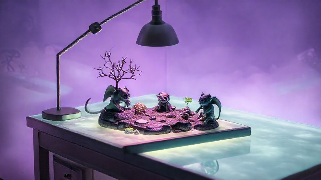 A surreal, glowing desk. Upon it, a miniature zen garden with comical, giggling gargoyle figurines under a soft, lavender light. Reflective, hazy background.