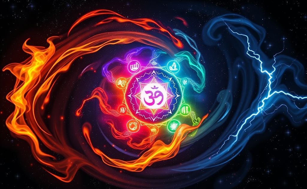 A swirling blend of elemental symbols representing chakra nature.