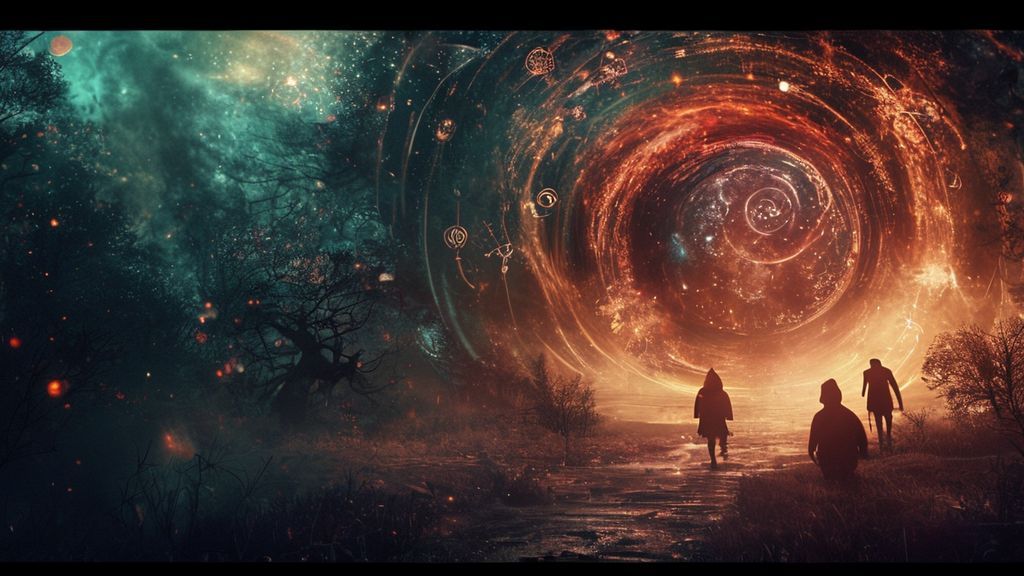 A swirling cosmic portal opens onto Hawkins, Indiana. Zodiac constellations bleed into the Upside Down's eerie atmosphere, illuminating a Demogorgon silhouette. Ethereal light, mystic style. 4k. Cinematic.