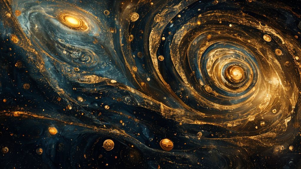 A swirling cosmic tapestry woven with threads of gold and deep indigo, showcasing overlapping planetary orbits. Cinematic lighting casts long shadows, highlighting interconnected patterns of fate and time.