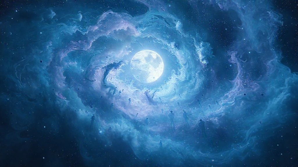A swirling galaxy of thought, ethereal blues and purples, illuminated by a full moon casting silver light. Transparent figures, representing mental clutter, dissolving into stardust. Mystic, 4k, cinematic.