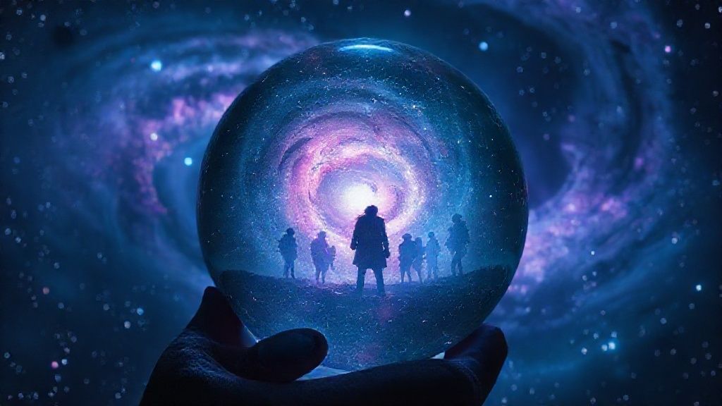 A swirling galaxy reflecting in a crystal ball, revealing ethereal figures of Stranger Things characters. Mystic blue and purple light, cinematic 4k, highlighting astrological constellations.