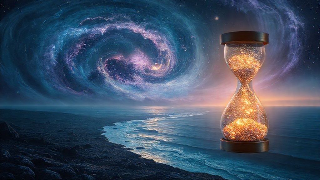 A swirling nebula of deep blues and purples morphs into a moonlit coastline. Soft, golden light illuminates an hourglass filled with shimmering stardust, reflecting cosmic patterns.