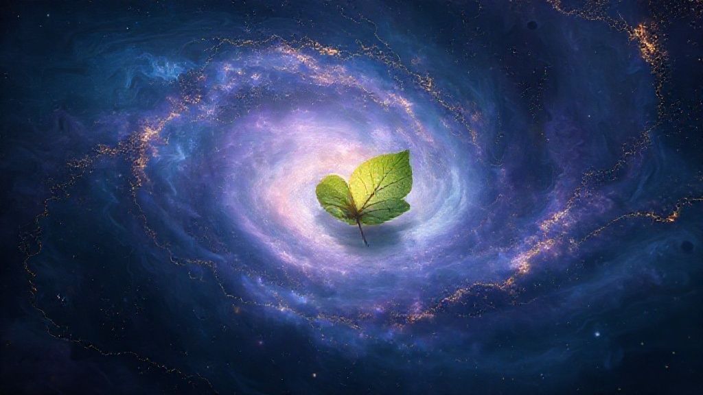 A swirling nebula of deep blues and purples, laced with shimmering golden threads, representing Mercury's shadow. A single, glowing Gotu Kola leaf floats serenely within, bathed in ethereal light.