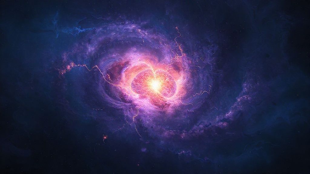 A swirling nebula of deep indigo and violet. A luminous, almond-shaped form (amygdala) glows within, emitting tendrils of amber light that fracture into shadowy figures of fear, echoing the fight or flight response.