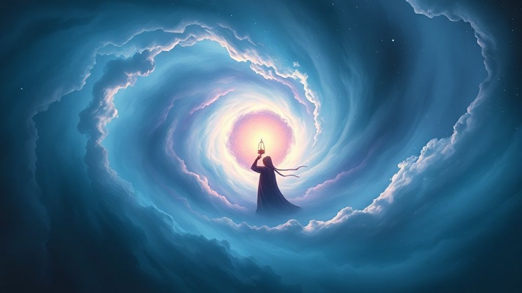A swirling nebula, a lone figure shielding a flickering lantern from a brewing cosmic storm. Soft blues and purples contrast with the warm glow, reflecting self-awareness and resilience.