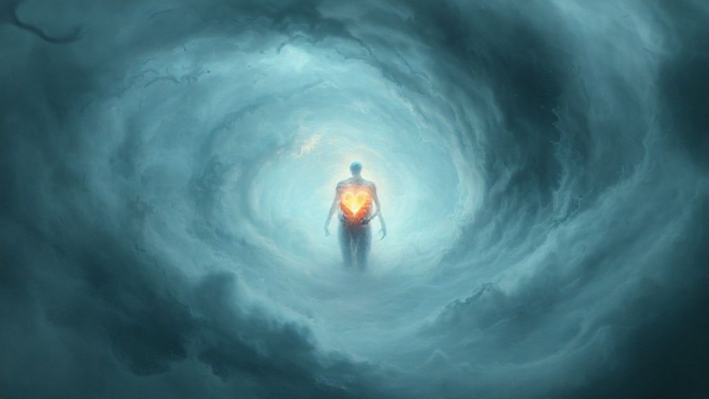 A swirling vortex of anxieties: pale blues and stormy grays engulfing a lone, translucent figure, heart a glowing ember. Ethereal, cinematic lighting.