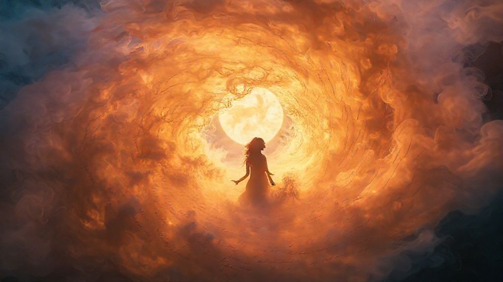 A swirling vortex of golden light consuming handwritten intentions on burning paper. An ethereal woman's silhouette dissolving into the smoke, bathed in moonlight. Soft blues, purples, and ambers.