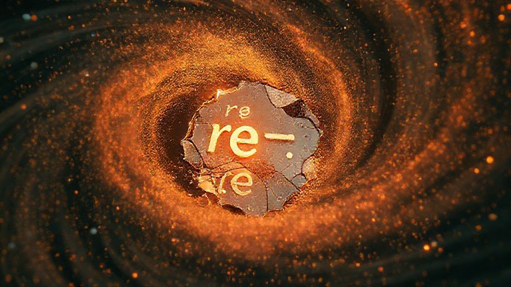 A swirling vortex of stardust, mirroring a shattered mirror reflecting fragments of old projects. Warm, amber light illuminates floating 're-' words: Review, Revise, Reconnect, with lingering cosmic trails.