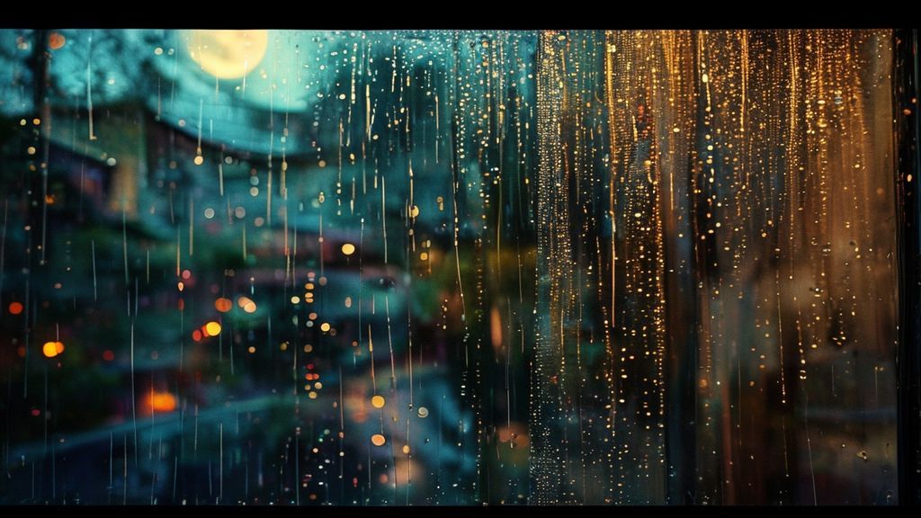 A tapestry of cosmic threads unraveling, woven with moonlight and starlight. Rain falls softly on a hidden neighbourhood, seen through a blurred, reflective window. The mood is reflective, healing. Cinematic lighting.