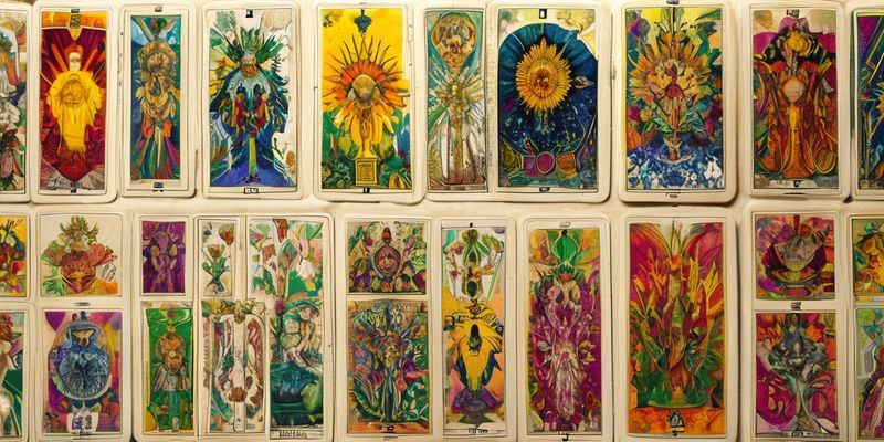 A tarot spread with various cards laid out, showing the diversity of symbolism.
