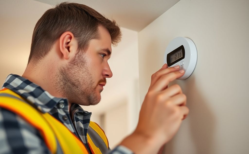 A technician inspecting a carbon monoxide detector in a home.