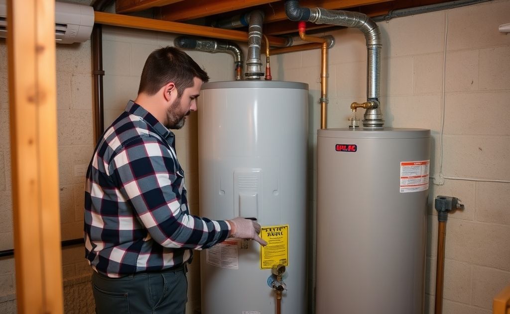 A technician inspecting a home water heater in a cozy basement.