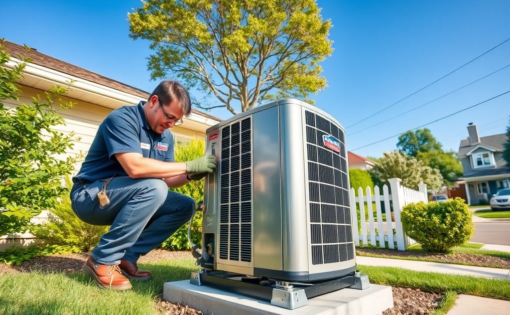 A technician installing a heat pump in a residential setting.