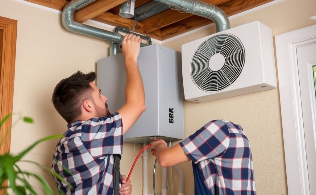 A technician installing a heating and cooling system in a home.