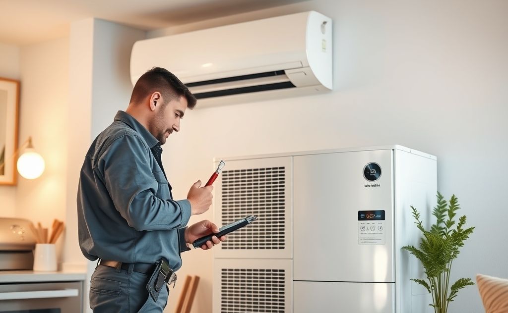 A technician working on a modern HVAC system in a home setting